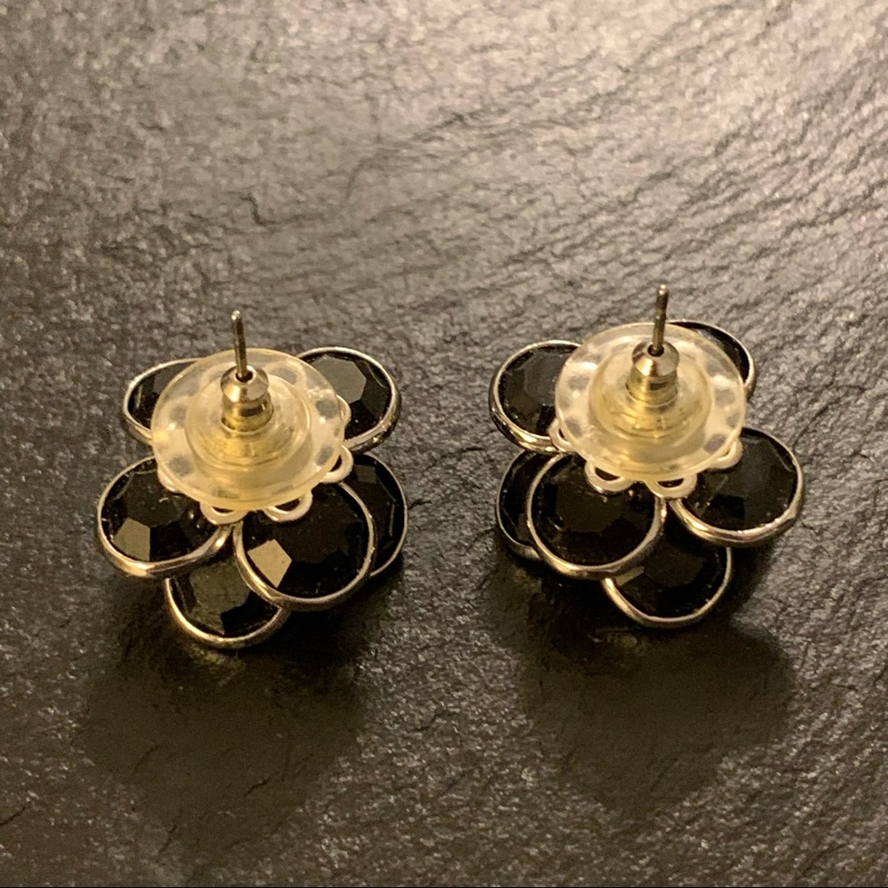 Black Beaded Rose Flower Stud Earrings with Silver Tone Trim - Picture 6 of 9